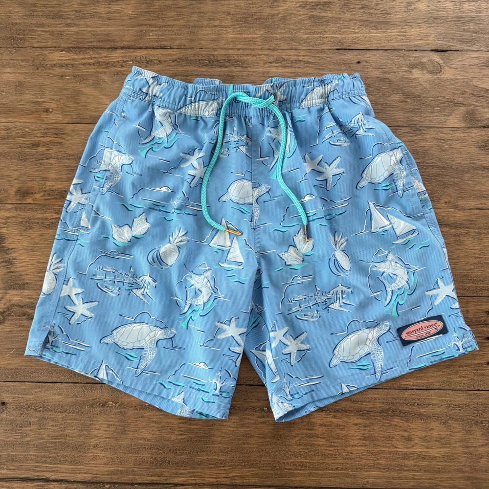 Vineyard Vines Mens XS Blue Sea Life Turtle Marlin Chappy Swim Trunks 7in Inseam